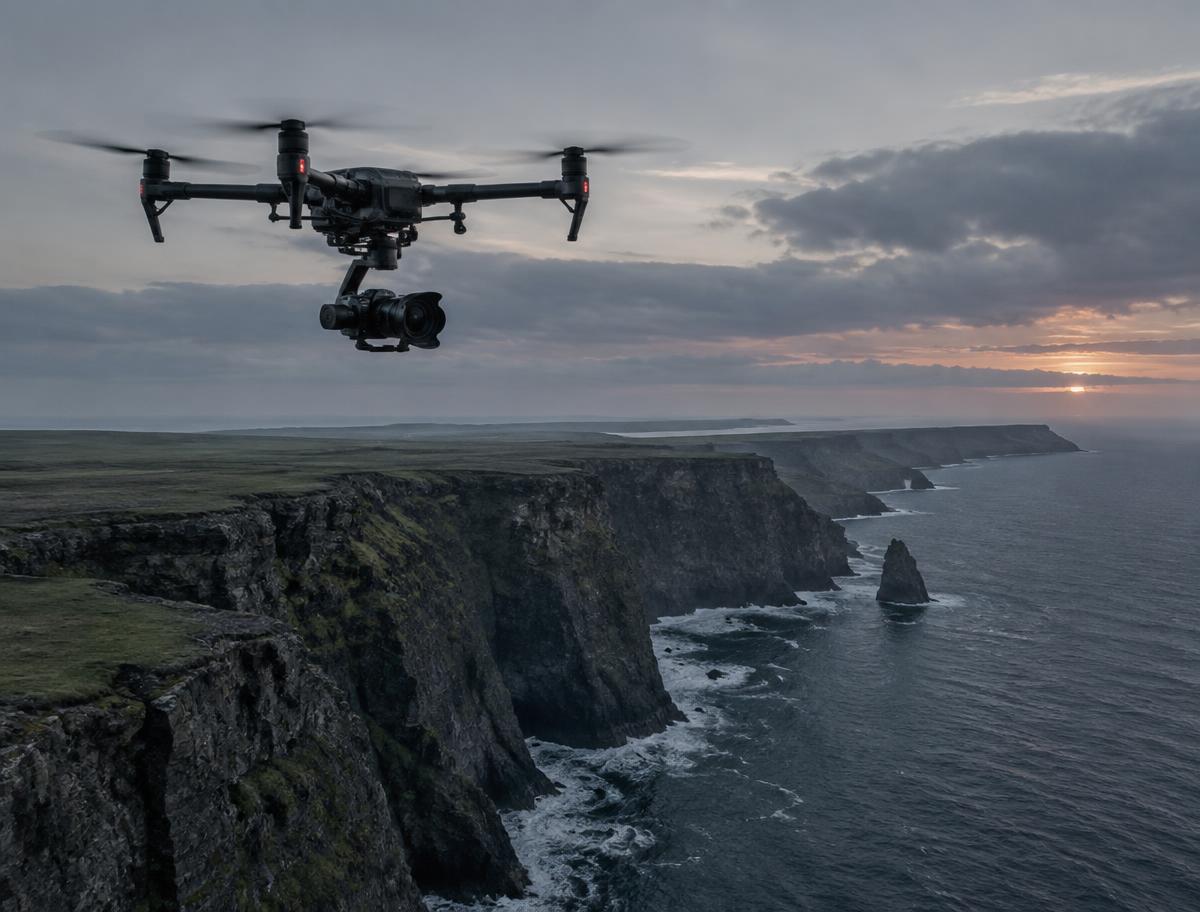 Placeholder image: a cinema drone flying above a coastal landscape at dusk