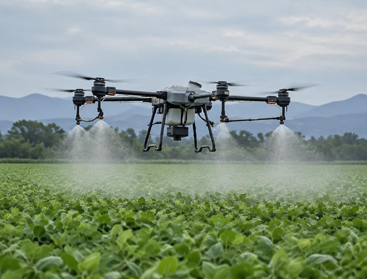Placeholder image: an agricultural spraying drone above a crop field