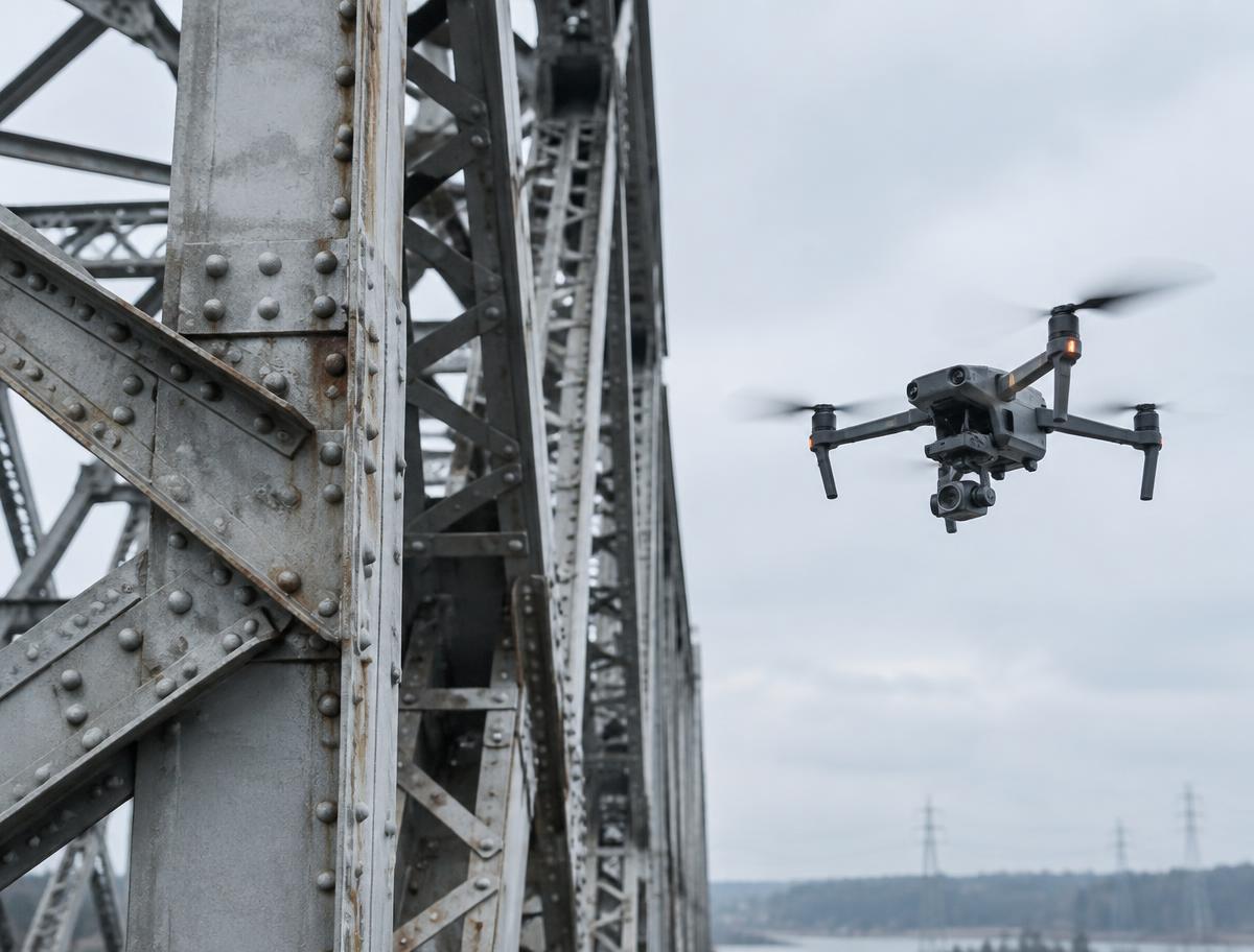 Placeholder image: an inspection drone beside a steel bridge structure