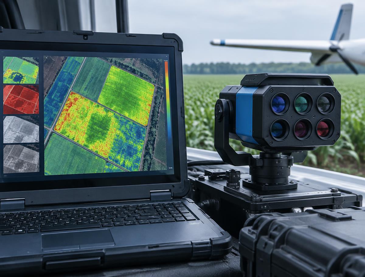 Placeholder image: a multispectral sensor beside a false-colour field analysis on screen